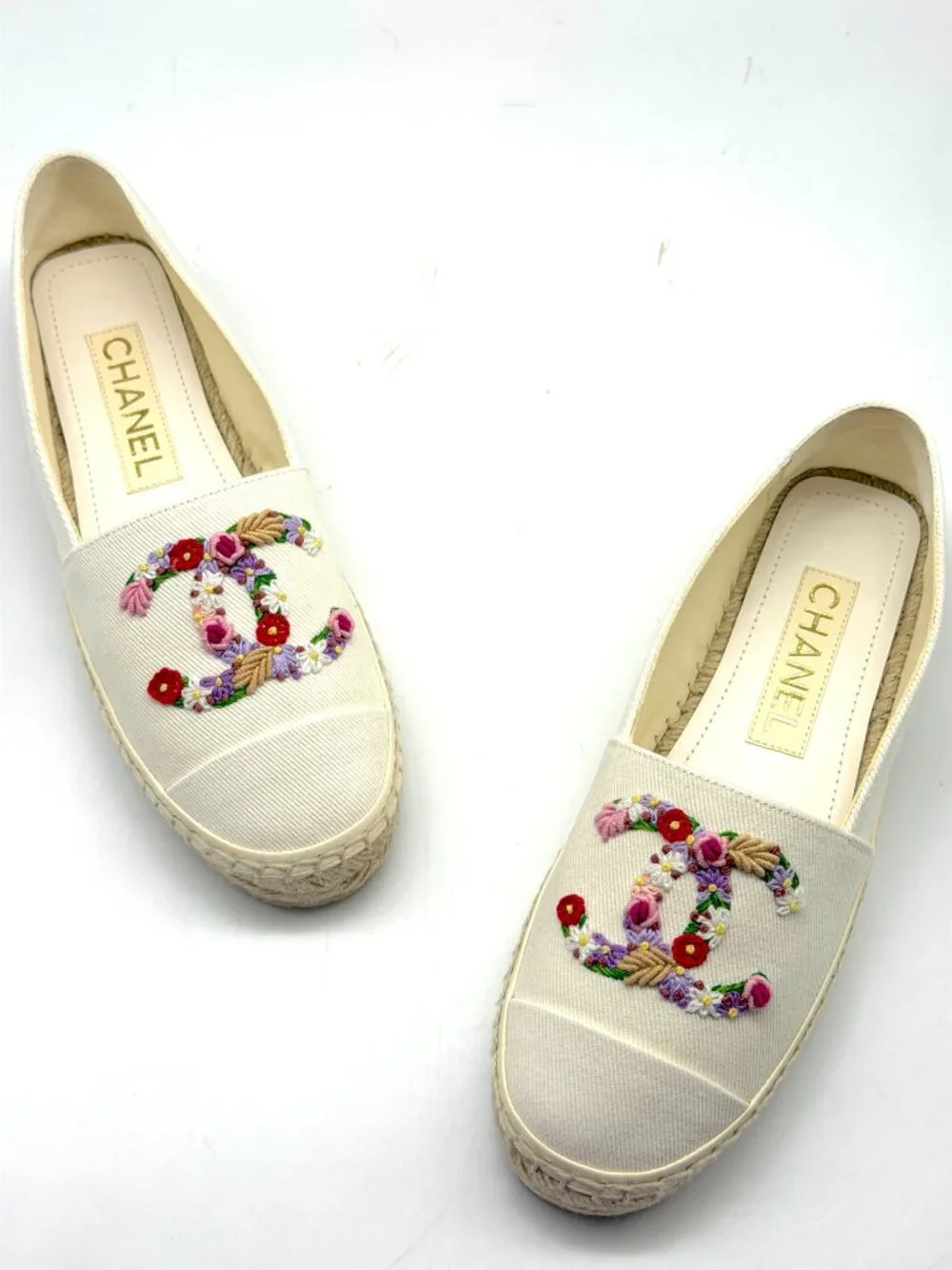 CHANEL 25P Floral Flower CC Cotton Cap Toe CC Logo Espadrilles Flats Shoes